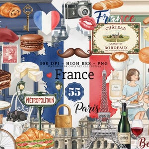 Könnte beinhalten: Aquarellillustration mit französischen Symbolen wie dem Eiffelturm, einem Croissant und Wein. Das Bild enthält die Wörter "France" und "Paris" sowie andere französische Elemente, die das Pariser Leben widerspiegeln.