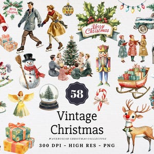 Paquete de imágenes prediseñadas de acuarela navideña vintage, Papá Noel retro, vacaciones clásicas, nostálgico, victoriano, diario basura PNG