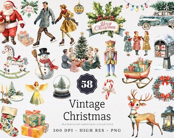 Vintage Christmas Watercolor Clipart Bundle Retro Santa Classic Holiday Nostalgic Victorian Junk Journal PNG