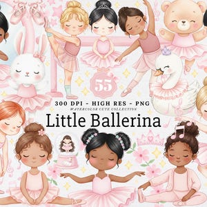 May include: Watercolor illustration featuring multiple little ballerinas in pink tutus and ballet poses. The image includes a bunny, a swan, and a teddy bear, all dressed in ballet attire. Text reads "Little Ballerina".