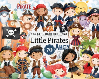May include: Watercolor illustration featuring a collection of cute pirate-themed characters and elements. Includes pirates, a shark, a monkey, a parrot, and the text "Little Pirates" and "Ahoy".
