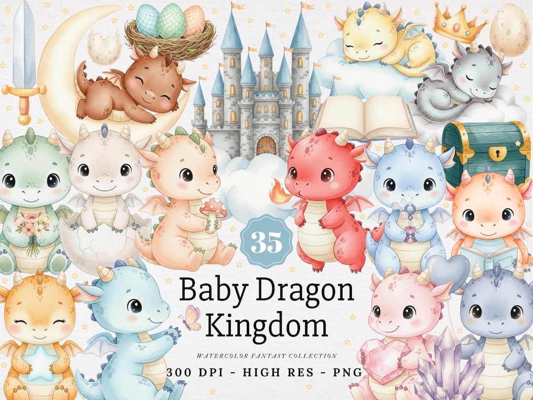 Watercolor Baby Dragon Kingdom Clipart PNG Bundle Cute Fairytale ...