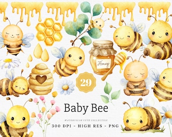 Aquarell Baby Biene Clipart Bundle, süße Hummel PNG für Kinderzimmer Dekor, Honigbiene