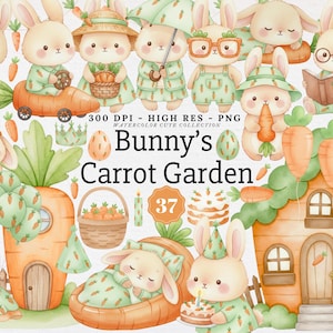 May include: A charming watercolour illustration of bunnies in a carrot garden. The bunnies are depicted in green outfits, some holding carrots, and others with accessories. The image includes a carrot house and the text "Bunny's Carrot Garden".