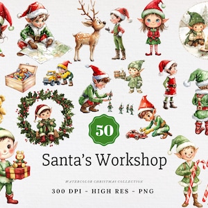 May include: Watercolor illustration of Santa's Workshop with multiple elves, a reindeer, and toys. The elves are dressed in green and red outfits and Santa hats. The image includes the text "Santa's Workshop".