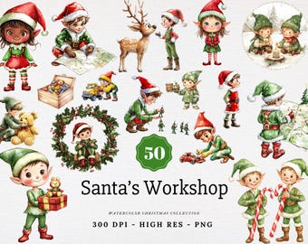 May include: Watercolor illustration of Santa's Workshop with multiple elves, a reindeer, and toys. The elves are dressed in green and red outfits and Santa hats. The image includes the text "Santa's Workshop".