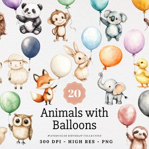 May include: Watercolor illustration featuring 20 adorable animals, each holding a colorful balloon. The image includes a hedgehog, panda, monkey, koala, bear, turtle, sheep, fox, rabbit, duck, elephant, giraffe, squirrel, owl, sloth, and lion.