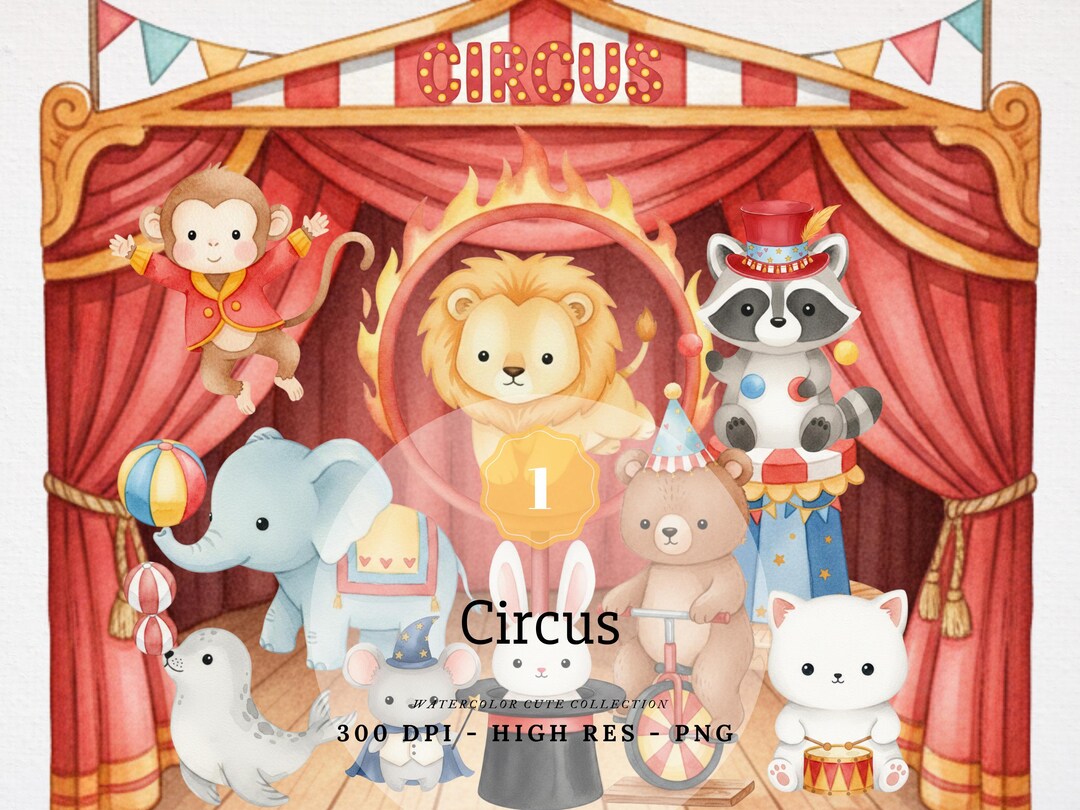 Watercolor Circus Animals Poster PNG for Nursery Wall Art and Kids ...