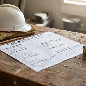 Puede incluir: Un casco blanco, guantes de trabajo y un lápiz descansan sobre una superficie de madera junto a un documento impreso "SAFETY & INDUCTION PACK". También hay una cinta métrica negra y amarilla.