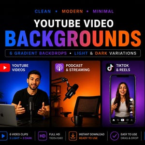 以下が含まれることがあります： YouTubeビデオの背景のプロモーション画像。「YOUTUBE VIDEO BACKGROUNDS」のテキストと、その上に「CLEAN、MODERN、MINIMAL」という言葉が書かれています。画像には、ビデオの背景の例と「6 GRADIENT CLIPS」というテキストも含まれています。