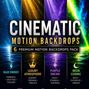 Könnte beinhalten: Werbegrafik für "Cinematic Motion Backdrops" mit sechs hochwertigen Motion-Hintergründen. Das Design enthält Texte wie "Blue Energy", "Luxury Atmosphere" und "Purple Dream". Das Bild hebt auch das MP4-Format und den Sofort-Download hervor.