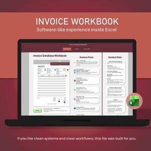 Könnte beinhalten: Ein schwarzer Laptop zeigt eine Rechnungs-Arbeitsmappen-Oberfläche mit dem Text "INVOICE WORKBOOK" und "Software-like experience inside Excel." Der Bildschirm zeigt Rechnungsformulare und -daten mit einem Excel-Symbol. Der Hintergrund ist ein Rot-Braun-Verlauf.