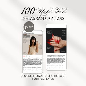 Peut inclure: Graphique numérique faisant la promotion de 100 légendes Instagram Nail Tech. L'image présente deux fausses publications Instagram avec du texte et des images, ainsi que le logo Canva. Le texte comprend des informations sur l'épaisseur et la longueur des ongles.