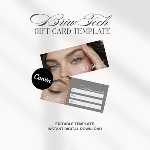 May include: A gift card template with the text "Briw Tech GIFT CARD TEMPLATE." The design includes a woman's face with blue eyes and a black circle with the word "Canva." The card is a digital download.
