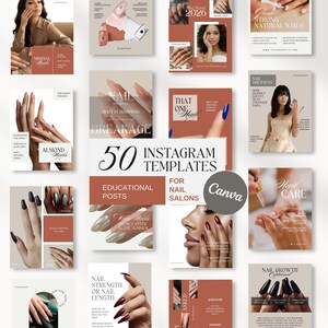 Può includere: Una raccolta di 50 modelli Instagram per saloni di unghie, con post educativi e consigli per la cura delle unghie. I modelli hanno un design coerente con immagini di unghie curate e illustrazioni di prodotti di bellezza, in una palette di marrone, bianco e nero.