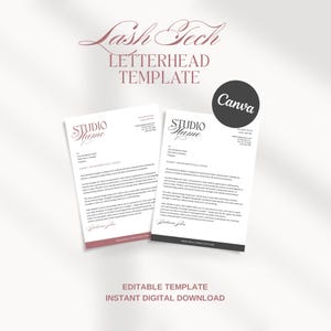 May include: Two letterhead templates with the text "Lash Tech Letterhead Template" in a soft pink font. One template is white with a pink border, the other is white with a black border. The Canva logo is in a black circle.