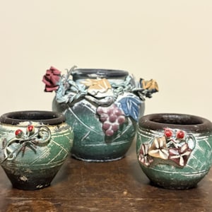 Vintage Handcrafted Ceramic Cache Pots – Set of 3 – Grape & Vine Motif – Rustic Studio Pottery