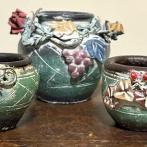 Vintage Handcrafted Ceramic Cache Pots – Set of 3 – Grape & Vine Motif – Rustic Studio Pottery
