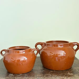 Vintage Brown Pottery Planters Set: French Country Confit Style Farmhouse Decor