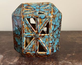 Vintage Geometric Ceramic Lantern, Turquoise Brown Reactive Glaze Boho Decor