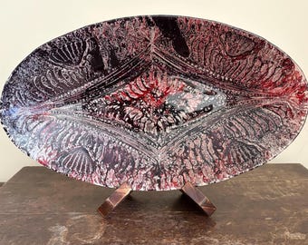 Vintage Enamel Centerpiece Bowl, Mid Century Abstract Red Black Tray Dish