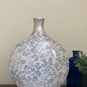Large Blue White Ceramic Vase, Round Bottle Statement Decor