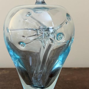 Signed P. Stealy Art Glass Paperweight, Aqua Blue Controlled Bubble Starburst Decor