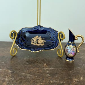 Vintage Limoges Castel Cobalt Blue Tray Mini Pitcher 22K Gold France Porcelain Vanity