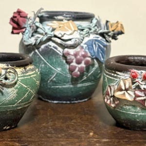 Vintage Handcrafted Ceramic Cache Pots – Set of 3 – Grape & Vine Motif – Rustic Studio Pottery