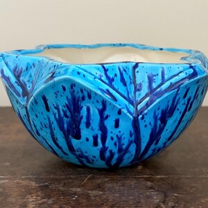 Signed Judy 1978 Studio Pottery Bowl, Turquoise Drip Glaze Lotus Petal Rim