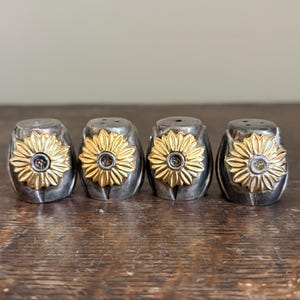 Vintage Miniature Salt Pepper Shakers, Gold Daisy Floral Accents, Mid Century Table Decor