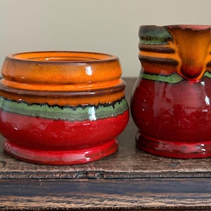 Vintage Drip Glaze Pottery Creamer & Sugar Bowl Set | Red Amber Green