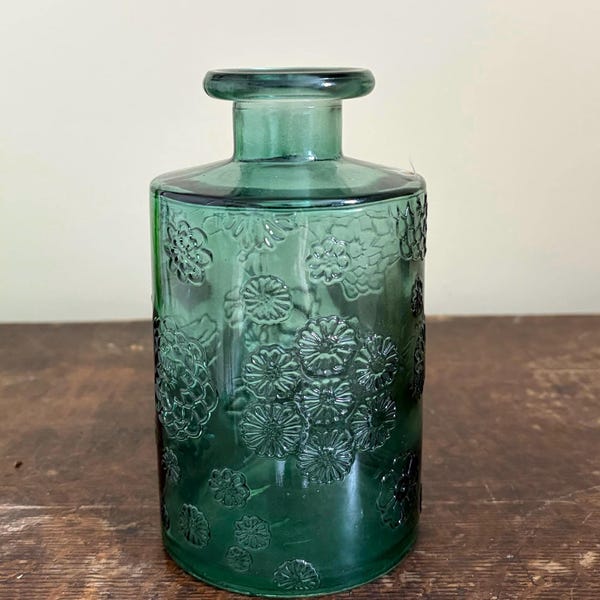 Vintage Green Embossed Floral Glass Jar, Apothecary Storage Vase, Retro Shelf Decor
