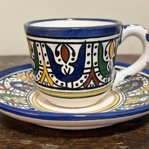 Vintage Moroccan Fès Cup and Saucer | Hand-Painted Ceramic | Blue Yellow Pottery | Boho Tea Cup