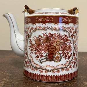Vintage Teapot | Porcelain Floral Tea Pot with Bamboo Handle