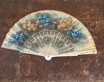 Vintage Hand Painted Floral Folding Fan, Pierced Vanity Decor, Blue White Display Accent