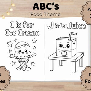 May include: Black and white ABC's coloring book pages with a food theme. One page shows an ice cream cone with stars, and the other shows a juice box on a table. The book is for ages 3-8 and has 26 pages.