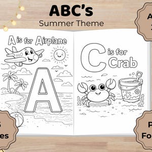 Libro para colorear de verano del abecedario para niños / Páginas de aprendizaje del alfabeto de la A a la Z (Descarga digital)
