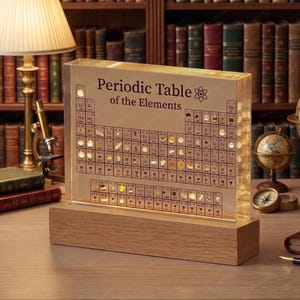 Peut inclure: Un bloc rectangulaire en acrylique transparent contenant un tableau périodique des éléments avec des échantillons physiques intégrés, éclairé de l'intérieur et monté sur une base en bois clair. Le texte indique Periodic Table of the Elements.