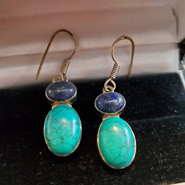 Tourquoise and lapis sterling silver earrings pierced wire