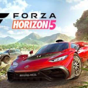 Könnte beinhalten: Ein roter Sportwagen fährt auf einer unbefestigten Straße in einer malerischen Landschaft. Der Schriftzug "FORZA HORIZON 5" ist zu sehen, zusammen mit einem schwarzen Logo. Ein grauer SUV und ein gelbes Fahrzeug sind ebenfalls sichtbar.