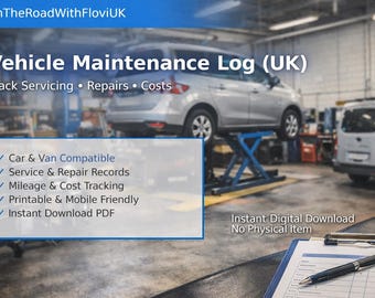 Onderhoudslogboek voertuig VK | Onderhoudsboekje auto's en bestelwagens | Afdrukbaar pdf-bestand voertuigservice | Onderhoudstracker | Direct downloaden