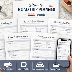 May include: A set of road trip planning documents, including checklists and route planners, with a budget tracker on a smartphone. The title "Ultimate Road Trip Planner" is at the top. Other items include a compass, sunglasses, and car keys.