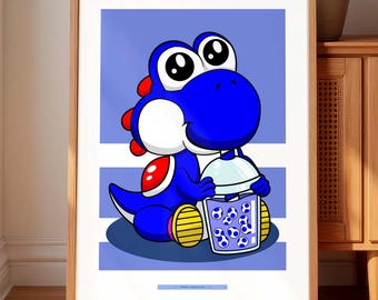 Boba Dino Blue, Minimalist Modern Artwork Print, Home and Office Decor, Printable Wall Art, Gift for Gamer, Instant Digital Download