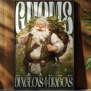 May include: A framed poster featuring a fantasy illustration of a gnome character from Dungeons & Dragons. The gnome has a long white beard, glasses, and a green outfit. The poster has the word "GNOMES" at the top and "DUNGEONS + DRAGONS" at the bottom.