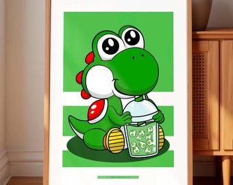 Boba Dino Green, Minimalist Modern Artwork Print, Home and Office Decor, Printable Wall Art, Gift for Gamer, Instant Digital Download