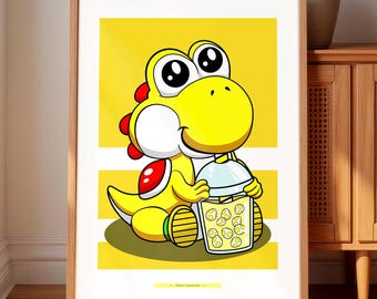 Boba Dino Yellow, Minimalist Modern Artwork Print, Home and Office Decor, Printable Wall Art, Gift for Gamer, Instant Digital Download