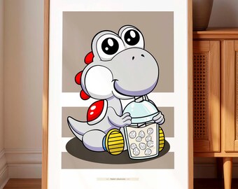 Boba Dino White, Minimalist Modern Artwork Print, Home and Office Decor, Printable Wall Art, Gift for Gamer, Instant Digital Download