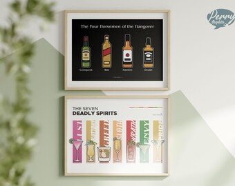 Seven Deadly Spirits & Four Horsemen Bundle, Minimalist Poster, Home Decor Wall Art Funny Gift Cocktail Print Bar Printable Digital Download