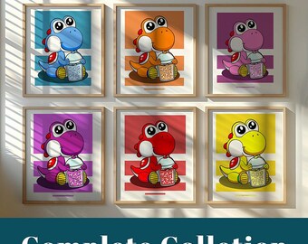 Boba Dino Complete Bundle, Minimalist Modern Artwork Print Home and Office Decor Printable Wall Art Gift for Gamer Instant Digital Download